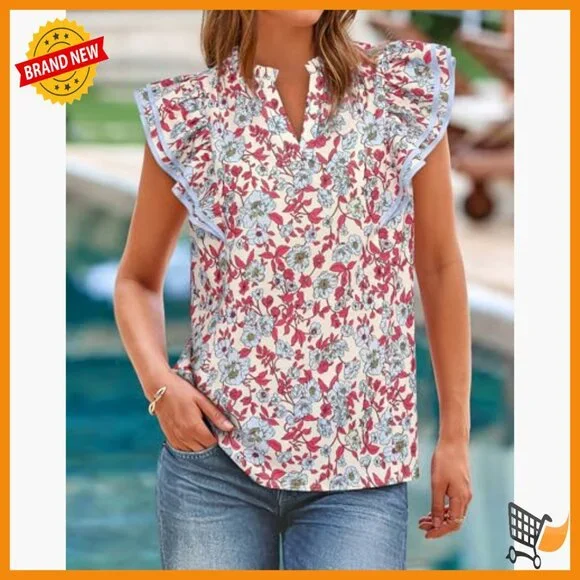 Lightweight Flowy Blouse V-Neck Cap Sleeve Ruffle Details Business Casual - Picture 4 of 7